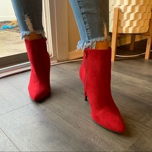 RED SUEDE POINTED HEELS 8.5